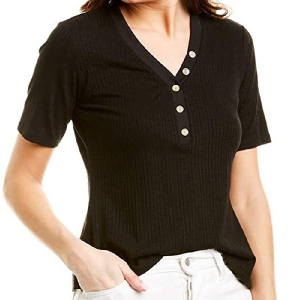 NANETTE LEPORE Ribbed Knit Henley V-Neck Short Sleeve Top
